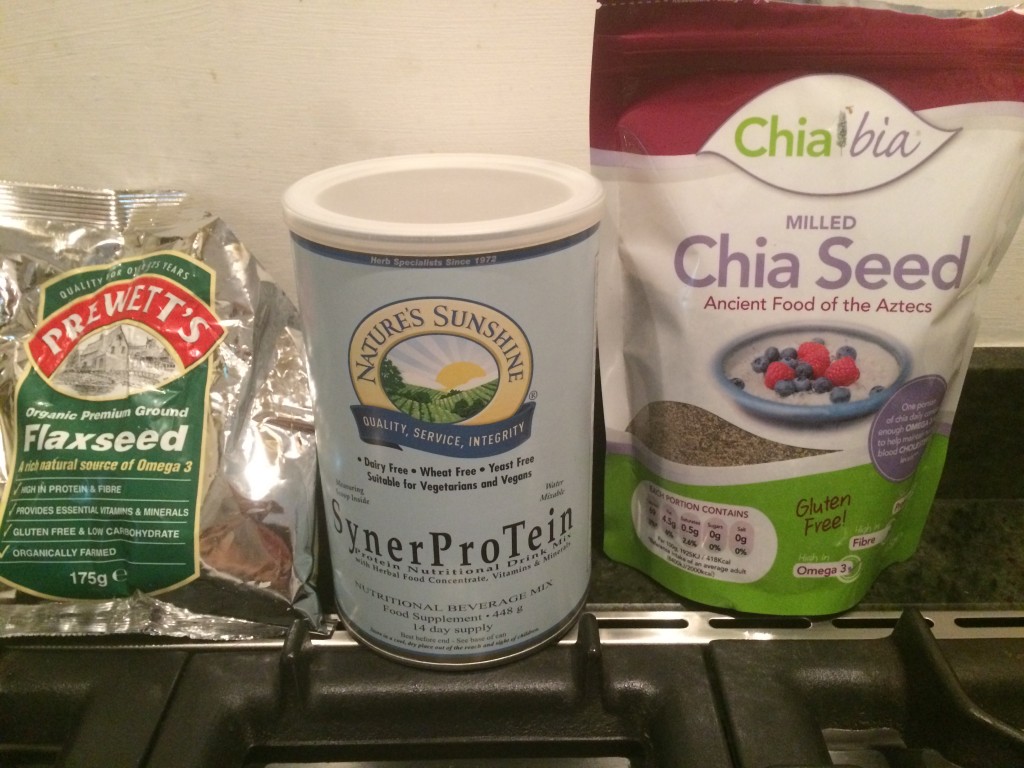 Protein powder,milled flaxseeds and milled chia seeds